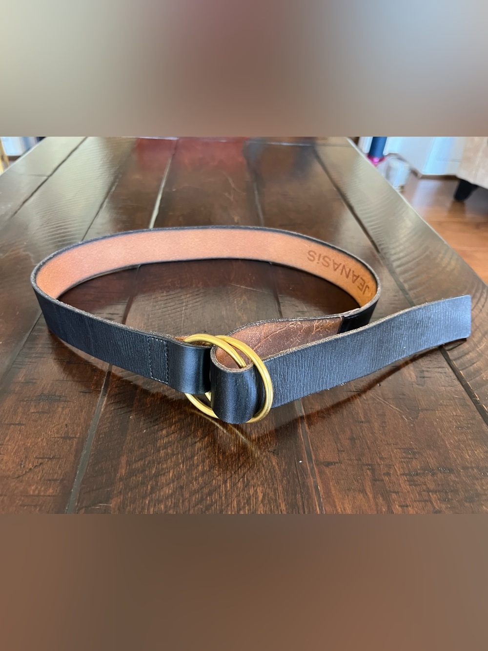 Black Leather Double-Ring Belt with Gold Hardware